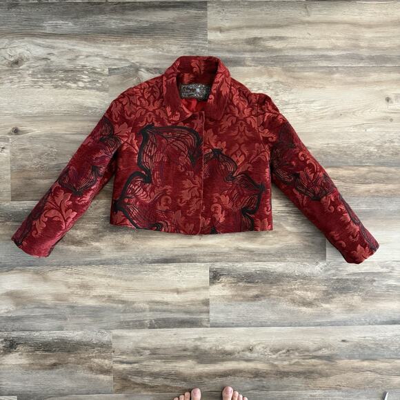 Olivine Gabbro Red Velvet Jacket Women’s Size 6 Cropped Floral Statement Coat - Picture 2 of 8
